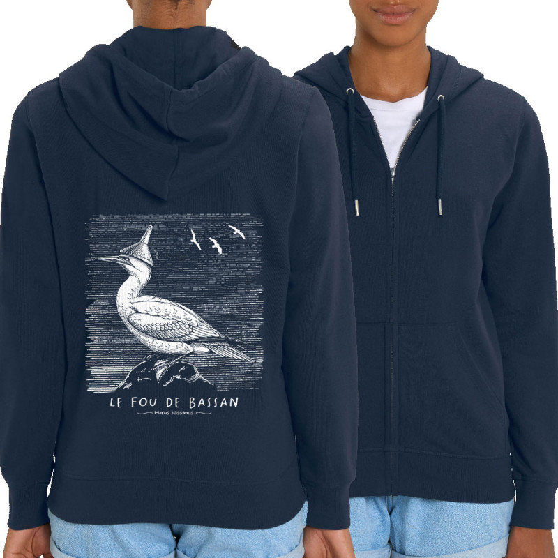 Sweat femme zippé à capuche coton bio bleu marine Le Fou de Bassan (Gondrax,Les Bébêtes,Animaux)