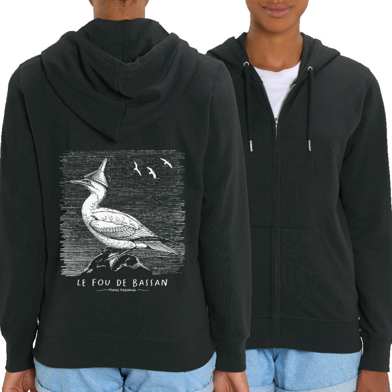 Sweat femme zippé à capuche coton bio noir Le Fou de Bassan (Gondrax,Les Bébêtes,Animaux)