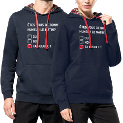 Sweat capuche à motifs unisexe bleu marine et rouge tartan Etes-vous de bonne humeur le matin (Lemerou,Humour,Enfer)