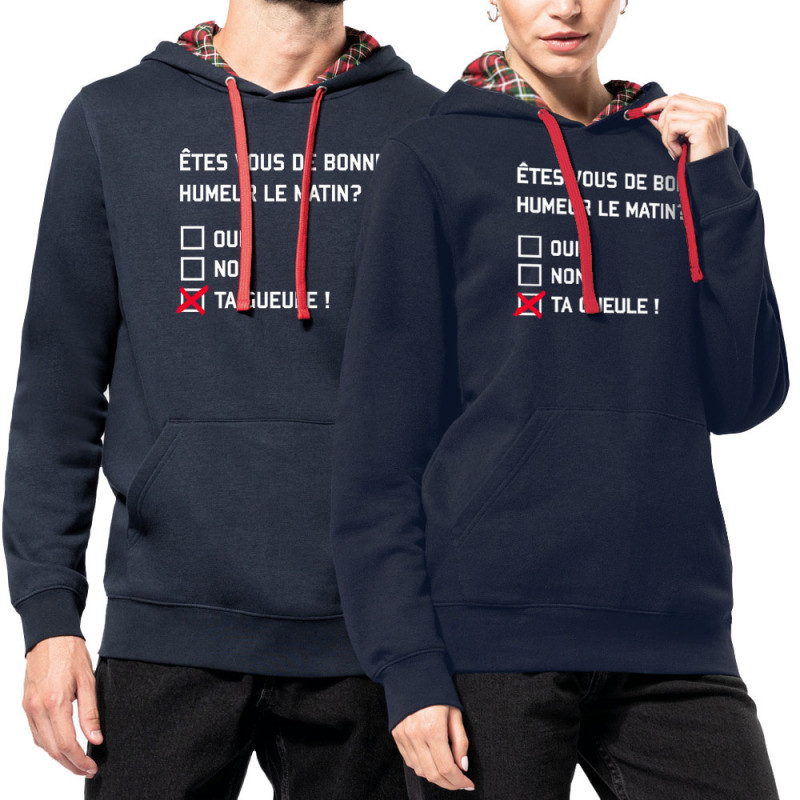 Sweat capuche à motifs unisexe bleu marine et rouge tartan Etes-vous de bonne humeur le matin (Lemerou,Humour,Enfer)