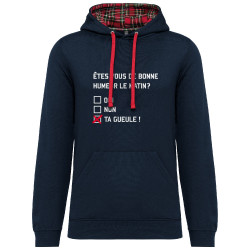 Sweat capuche à motifs unisexe bleu marine et rouge tartan Etes-vous de bonne humeur le matin (Lemerou,Humour,Enfer)