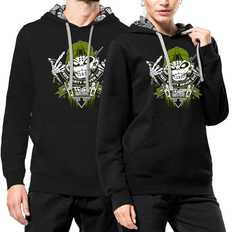 Sweat capuche à motifs unisexe noir et têtes de mort mexicaines Free Party Never Die (E Cone,teufeur)