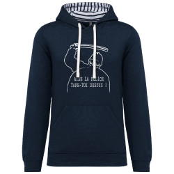 Sweat capuche à motifs unisexe bleu marine et marinière Aide la police (Slogans engagés,Humour)