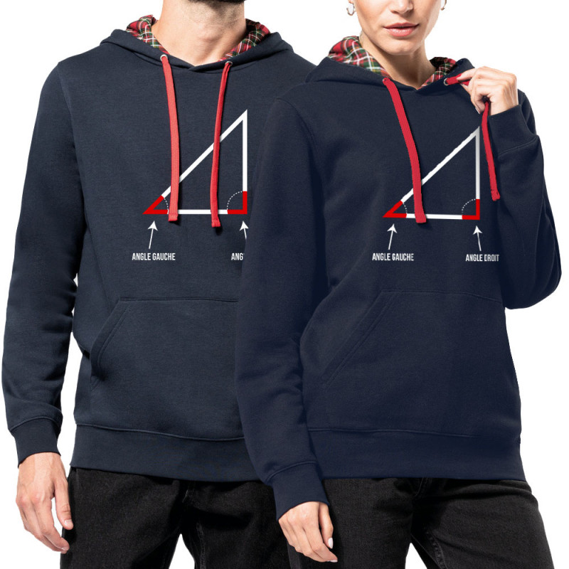 Sweat capuche à motifs unisexe bleu marine et rouge tartan Angle droit (Gondrax,Humour,Devoirs de vacances)