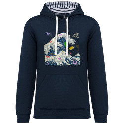 Sweat capuche à motifs unisexe bleu marine et marinière Sorry Mr Hokusaï (Gondrax,Ecologie,Musée,Humour,Hokusaï)