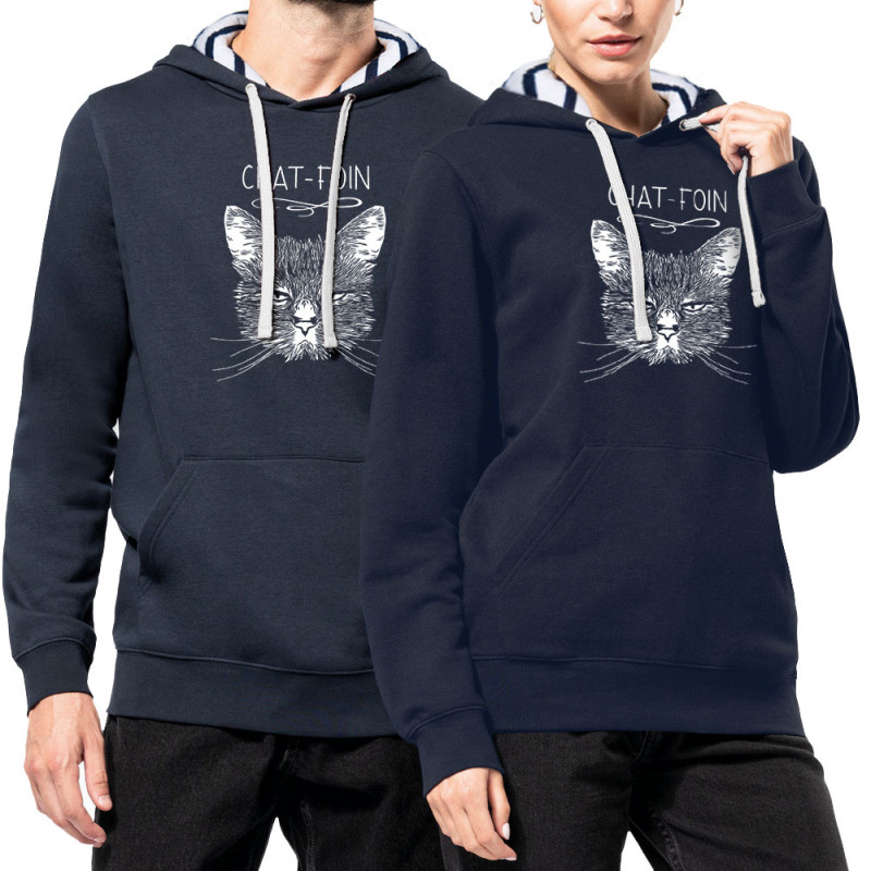 Sweat capuche à motifs unisexe bleu marine et marinière Chat-foin (Gondrax,Les Bébêtes,Animaux,Chats)