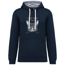 Sweat capuche à motifs unisexe bleu marine et marinière Chat-foin (Gondrax,Les Bébêtes,Animaux,Chats)