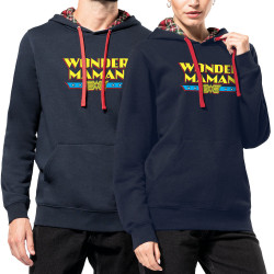 Sweat capuche à motifs unisexe bleu marine et rouge tartan Wonder Maman (Humour,Films/Séries,Fête des mères,Détournements,Papa M