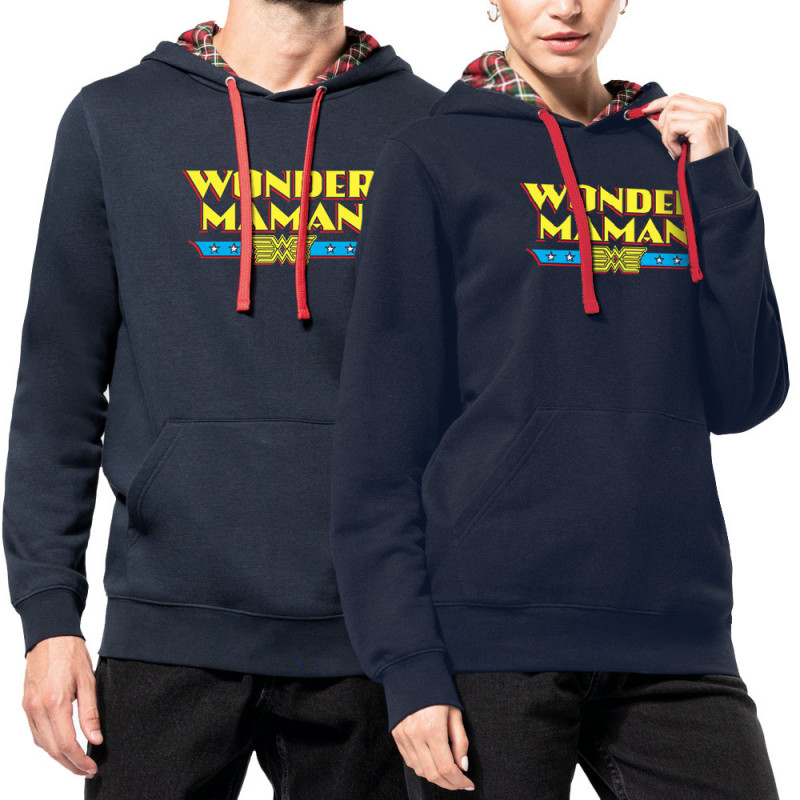 Sweat capuche à motifs unisexe bleu marine et rouge tartan Wonder Maman (Humour,Films/Séries,Fête des mères,Détournements,Papa M