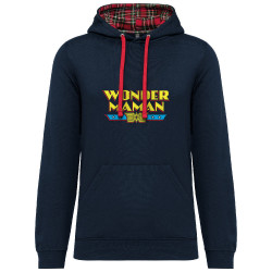 Sweat capuche à motifs unisexe bleu marine et rouge tartan Wonder Maman (Humour,Films/Séries,Fête des mères,Détournements,Papa M