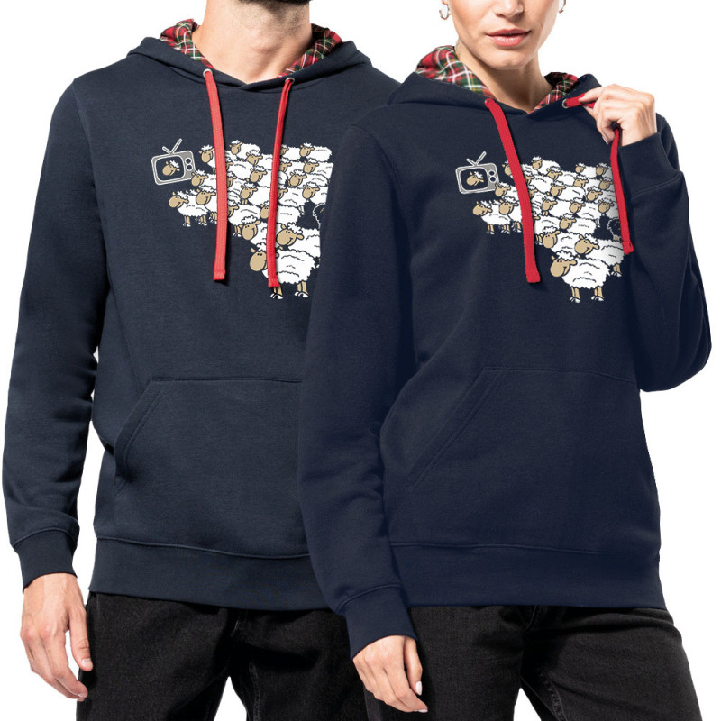 Sweat capuche à motifs unisexe bleu marine et rouge tartan Moutons (Gondrax,Humour,Slogans engagés,Animaux)