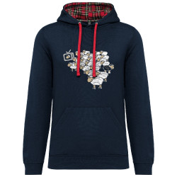 Sweat capuche à motifs unisexe bleu marine et rouge tartan Moutons (Gondrax,Humour,Slogans engagés,Animaux)