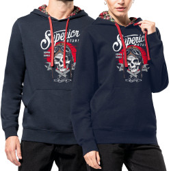 Sweat capuche à motifs unisexe bleu marine et rouge tartan Copper Bones - Superior Motors (Copper Bones,Moto,Têtes de morts)