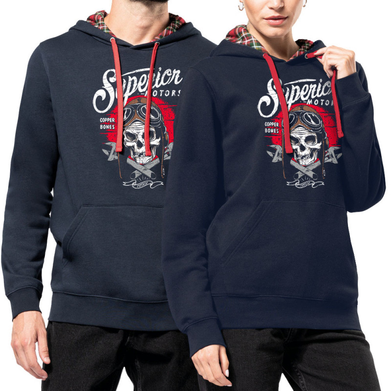 Sweat capuche à motifs unisexe bleu marine et rouge tartan Copper Bones - Superior Motors (Copper Bones,Moto,Têtes de morts)
