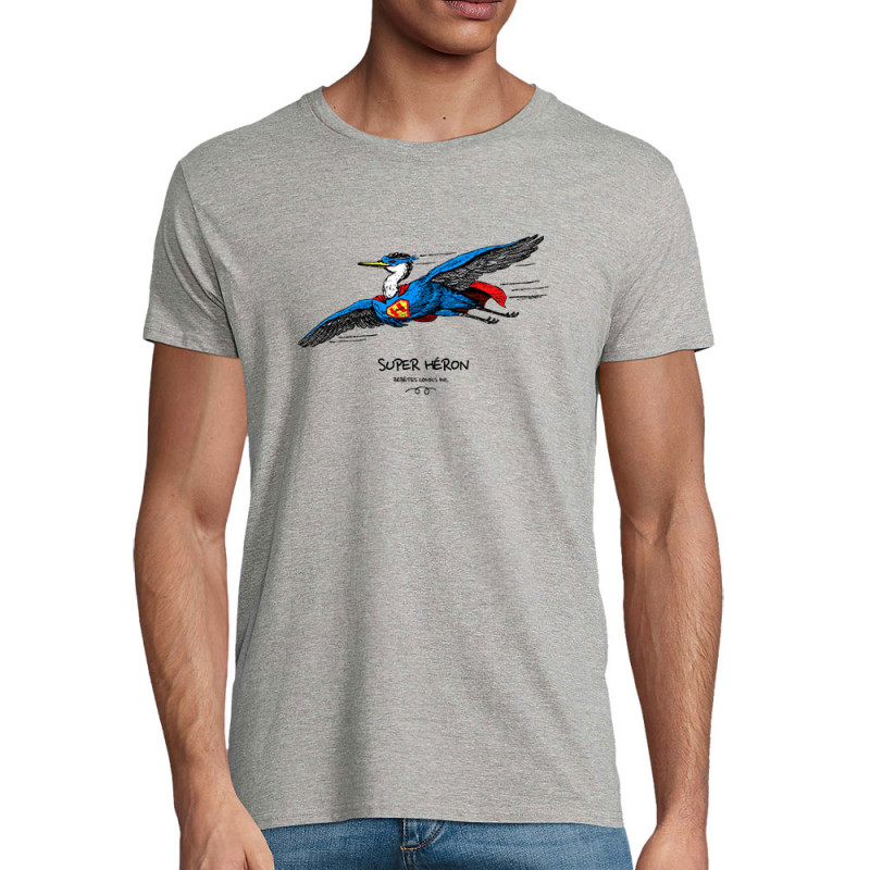 T-shirt homme coton bio gris chiné Super Héron (Gondrax,Les Bébêtes,Animaux,Détournements)