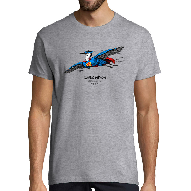 Tee-shirt homme gris chiné Super Héron (Gondrax,Les Bébêtes,Animaux,Détournements)