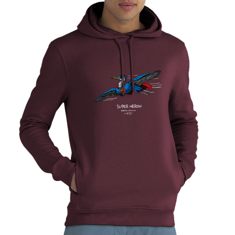 Sweat homme à capuche coton bio bordeaux Super Héron (Gondrax,Les Bébêtes,Animaux,Détournements)