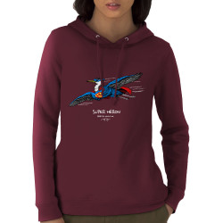 Sweat femme à capuche coton bio bordeaux Super Héron (Gondrax,Les Bébêtes,Animaux,Détournements)