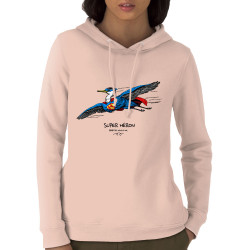 Sweat femme à capuche coton bio rose clair Super Héron (Gondrax,Les Bébêtes,Animaux,Détournements)