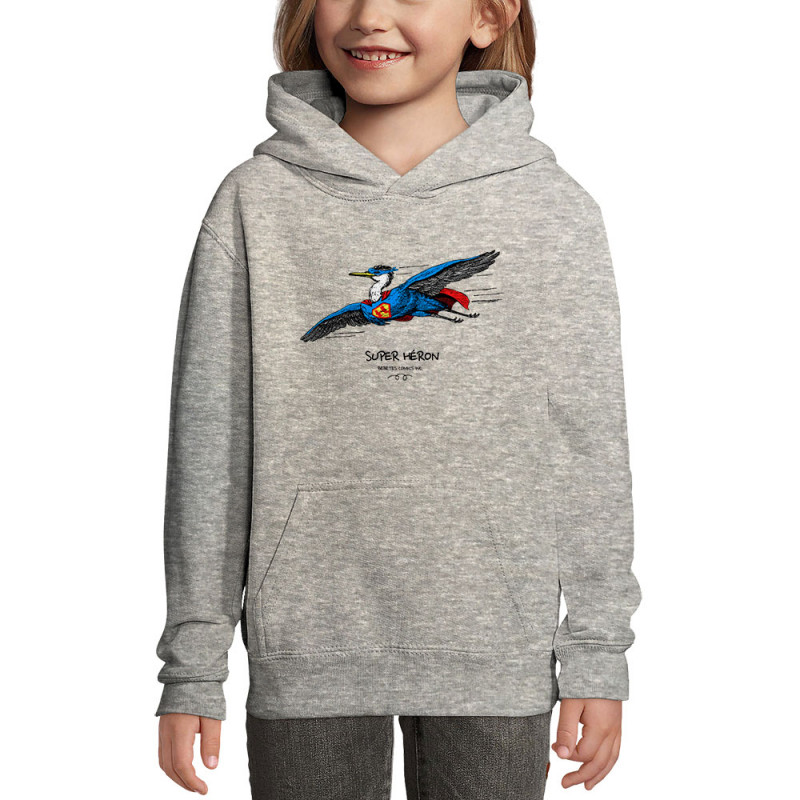 Sweat enfant à capuche gris chiné Super Héron (Gondrax,Les Bébêtes,Animaux,Détournements)