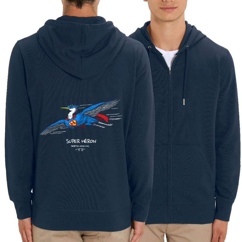Sweat homme zippé à capuche coton bio bleu marine Super Héron (Gondrax,Les Bébêtes,Animaux,Détournements)