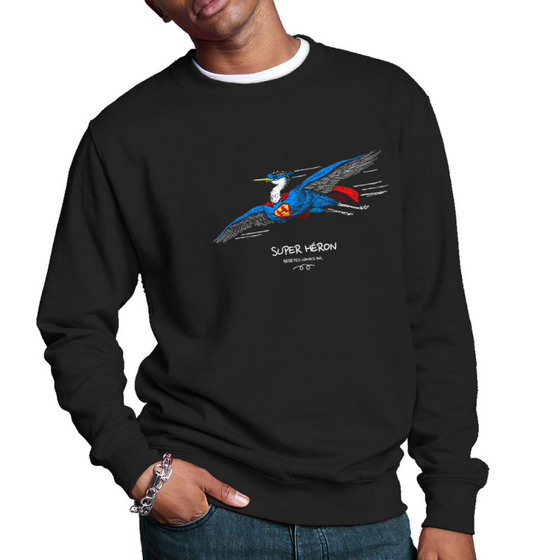 Sweat homme col rond noir Super Héron (Gondrax,Les Bébêtes,Animaux,Détournements)