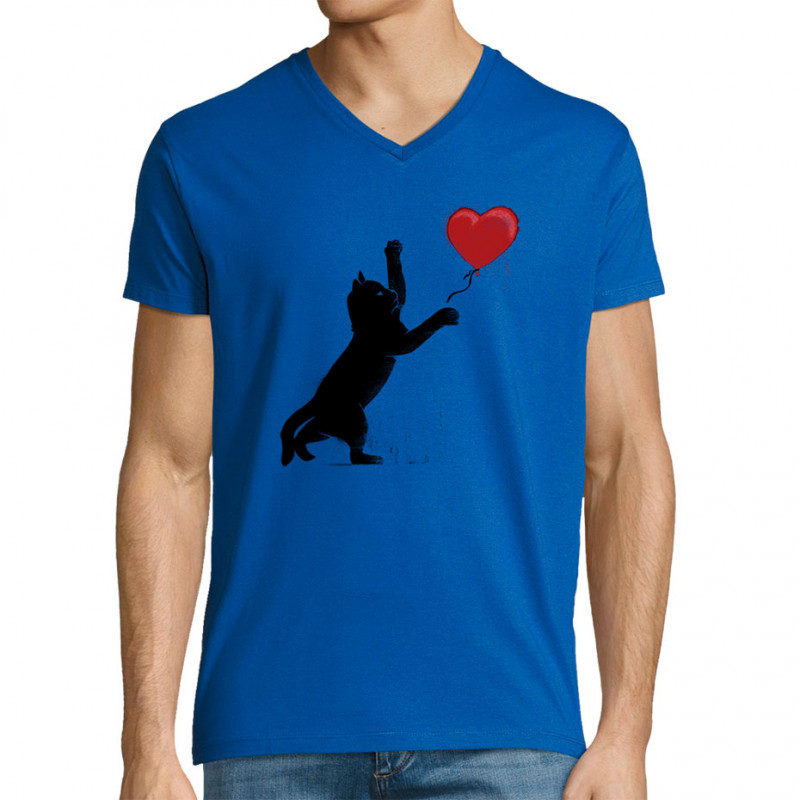 T-shirt homme col V bleu royal Banksy Cat (Le Duc,Animaux,Musée,Chats)