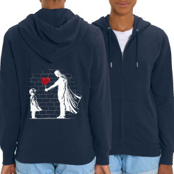 Sweat femme zippé à capuche coton bio bleu marine Banksy Superman (Le Duc,Musée,Films/Séries)