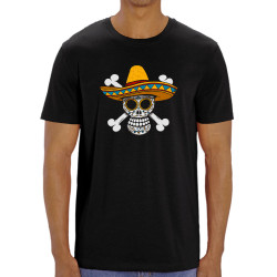 T-shirt homme coton bio noir One Piece Mexican Skull (Le Duc,Manga Kawaï japan,Films/Séries,Têtes de morts,Détournements)