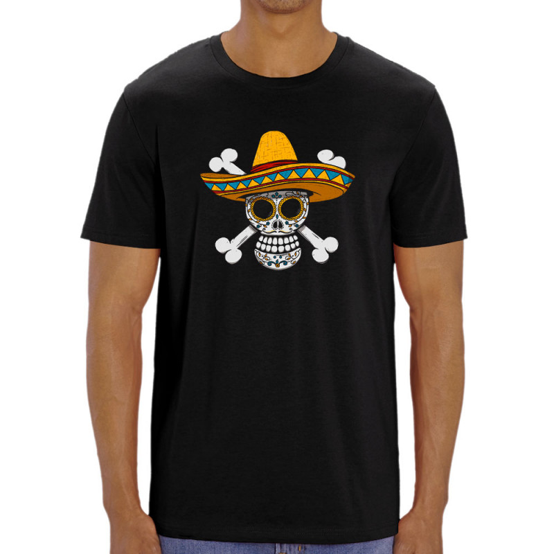 T-shirt homme coton bio noir One Piece Mexican Skull (Le Duc,Manga Kawaï japan,Films/Séries,Têtes de morts,Détournements)