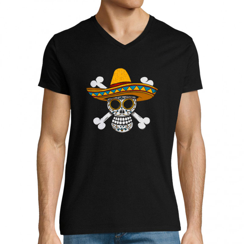 T-shirt homme col V noir One Piece Mexican Skull (Le Duc,Manga Kawaï japan,Films/Séries,Têtes de morts,Détournements)