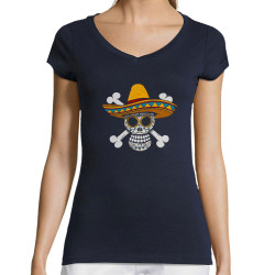 T-shirt femme col V bleu marine One Piece Mexican Skull (Le Duc,Manga Kawaï japan,Films/Séries,Têtes de morts,Détournements)