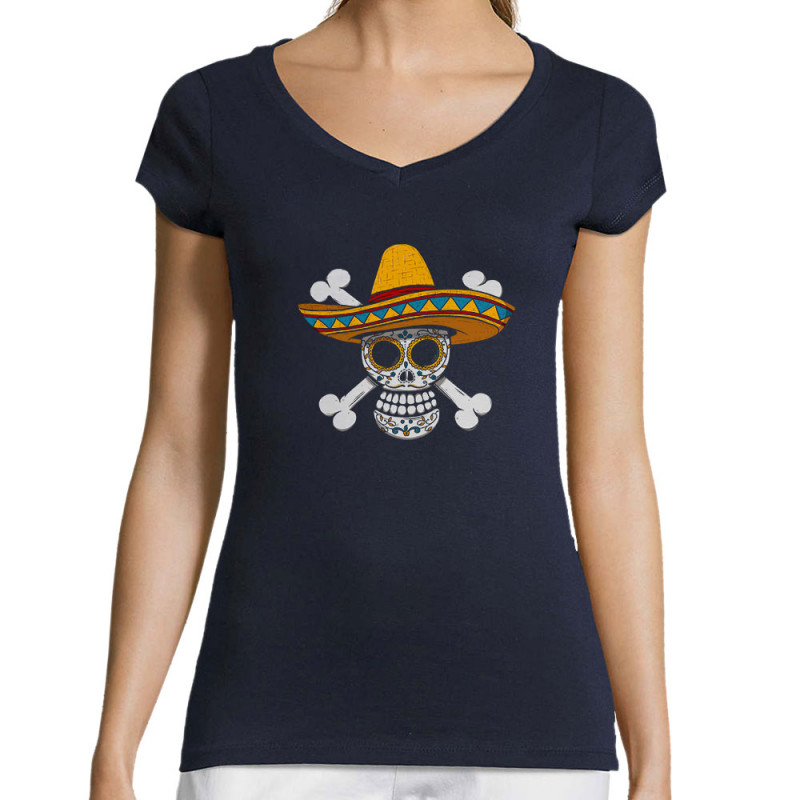 T-shirt femme col V bleu marine One Piece Mexican Skull (Le Duc,Manga Kawaï japan,Films/Séries,Têtes de morts,Détournements)