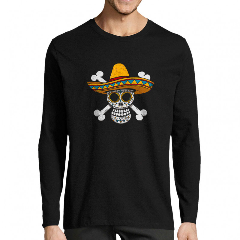 T-shirt homme manches longues noir One Piece Mexican Skull (Le Duc,Manga Kawaï japan,Films/Séries,Têtes de morts,Détournements)