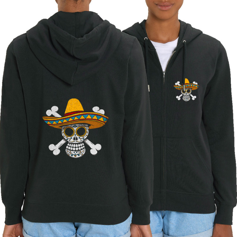 Sweat femme zippé à capuche coton bio noir One Piece Mexican Skull (Le Duc,Manga Kawaï japan,Films/Séries,Têtes de morts,Détourn